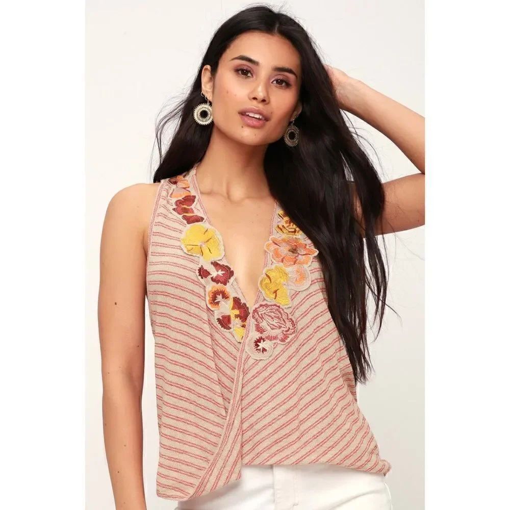 NWT Free People Frida Embroidered Striped Surplice Faux Wrap Tank Top in Neutral